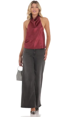 LUCY IN THE SKY Tops^Mock Neck Satin Top In Burgundy
