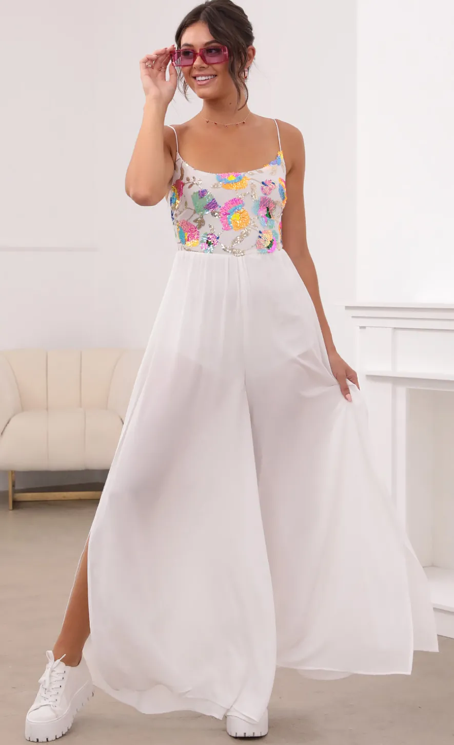 LUCY IN THE SKY Jumpsuits^Multicolor Sequin Jumpsuit In White