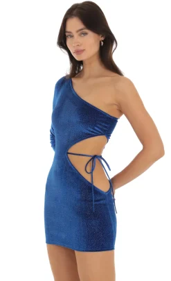 LUCY IN THE SKY Mini Dresses^Octavia Shimmer Velvet One Shoulder Dress In Blue