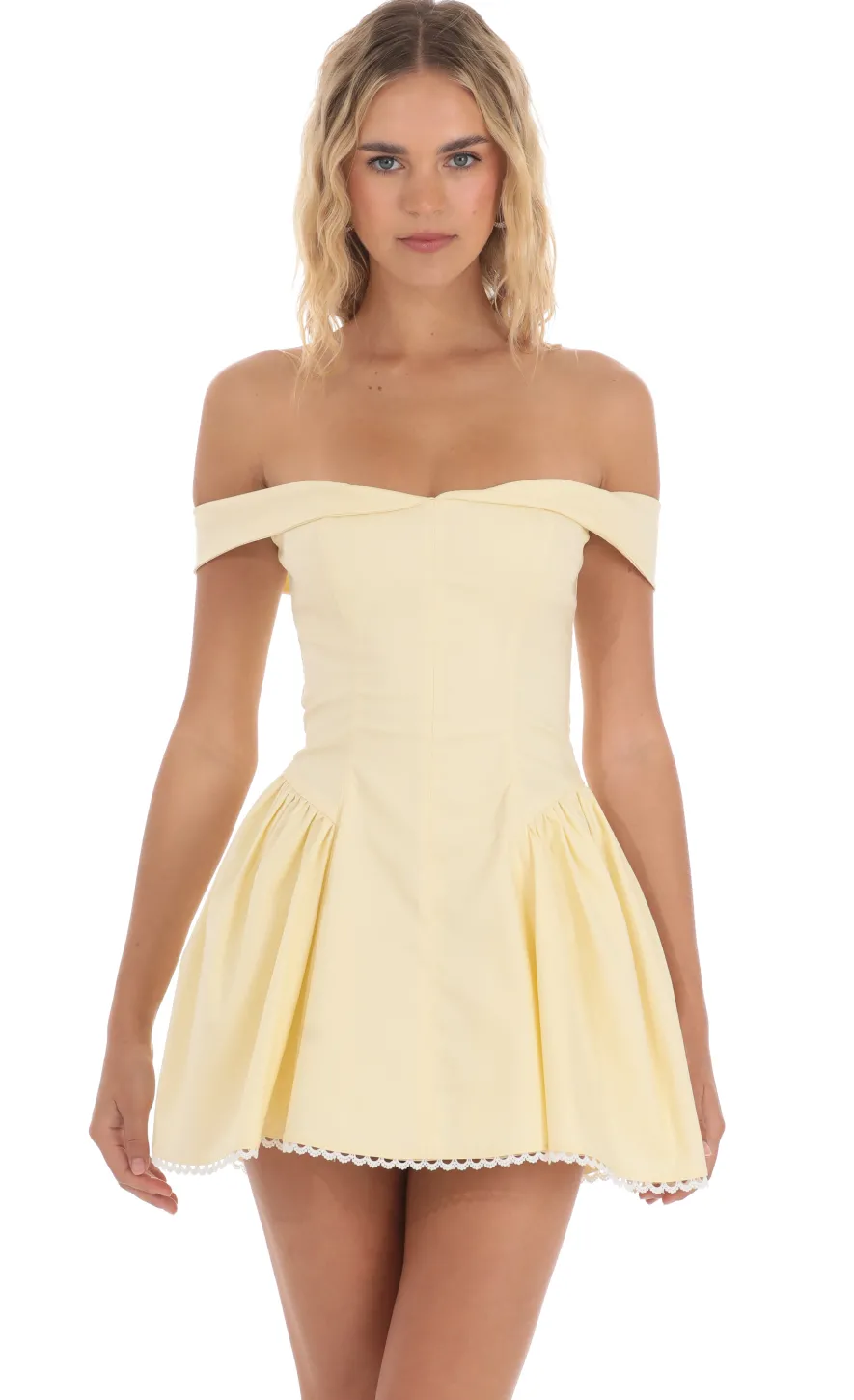 LUCY IN THE SKY Mini Dresses^Off Shoulder Fit And Flare Dress In Yellow