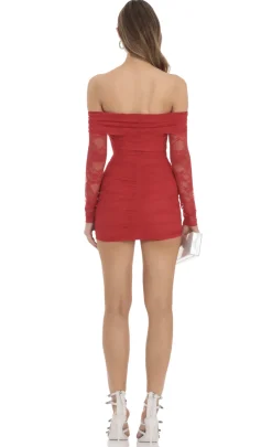LUCY IN THE SKY Mini Dresses^Off Shoulder Long Sleeve Lace Dress In Red