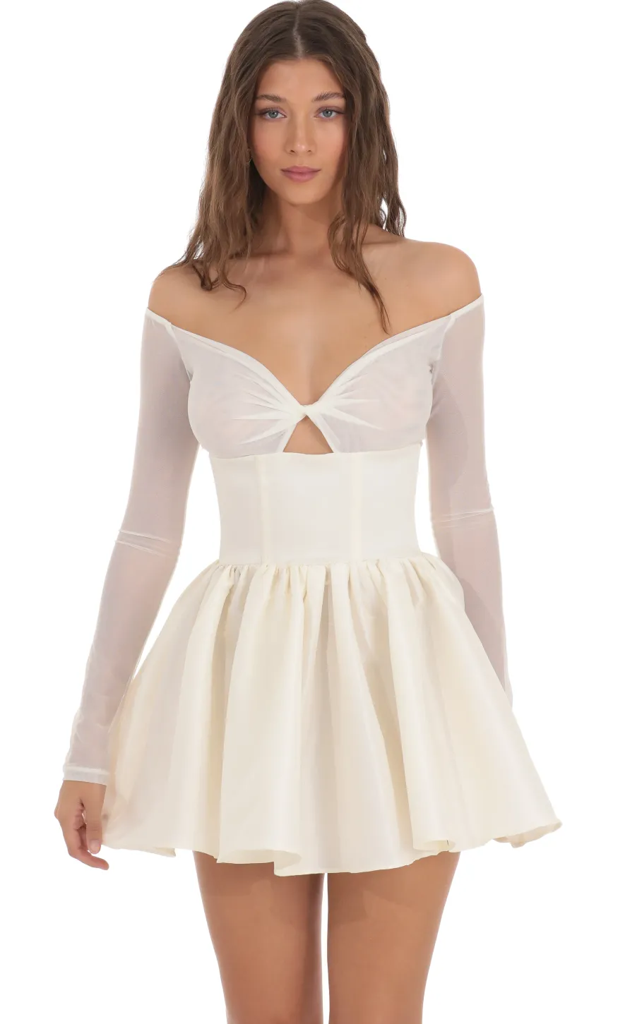 LUCY IN THE SKY Mini Dresses^Off Shoulder Mesh Twist Cutout Flair Dress In White