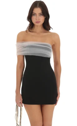 LUCY IN THE SKY Mini Dresses^Off Shoulder Tulle Sleeve Dress In Black
