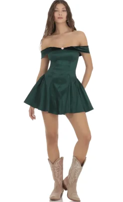 LUCY IN THE SKY Mini Dresses^Off Shoulder Velvet Strap A-line Dress In Green