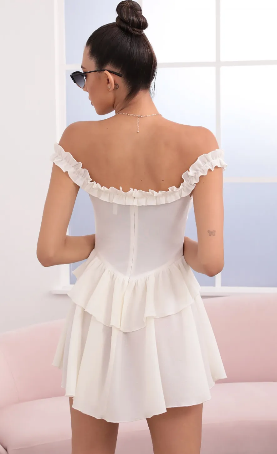 LUCY IN THE SKY Mini Dresses^Off The Shoulder Lace Up Dress In Ivory