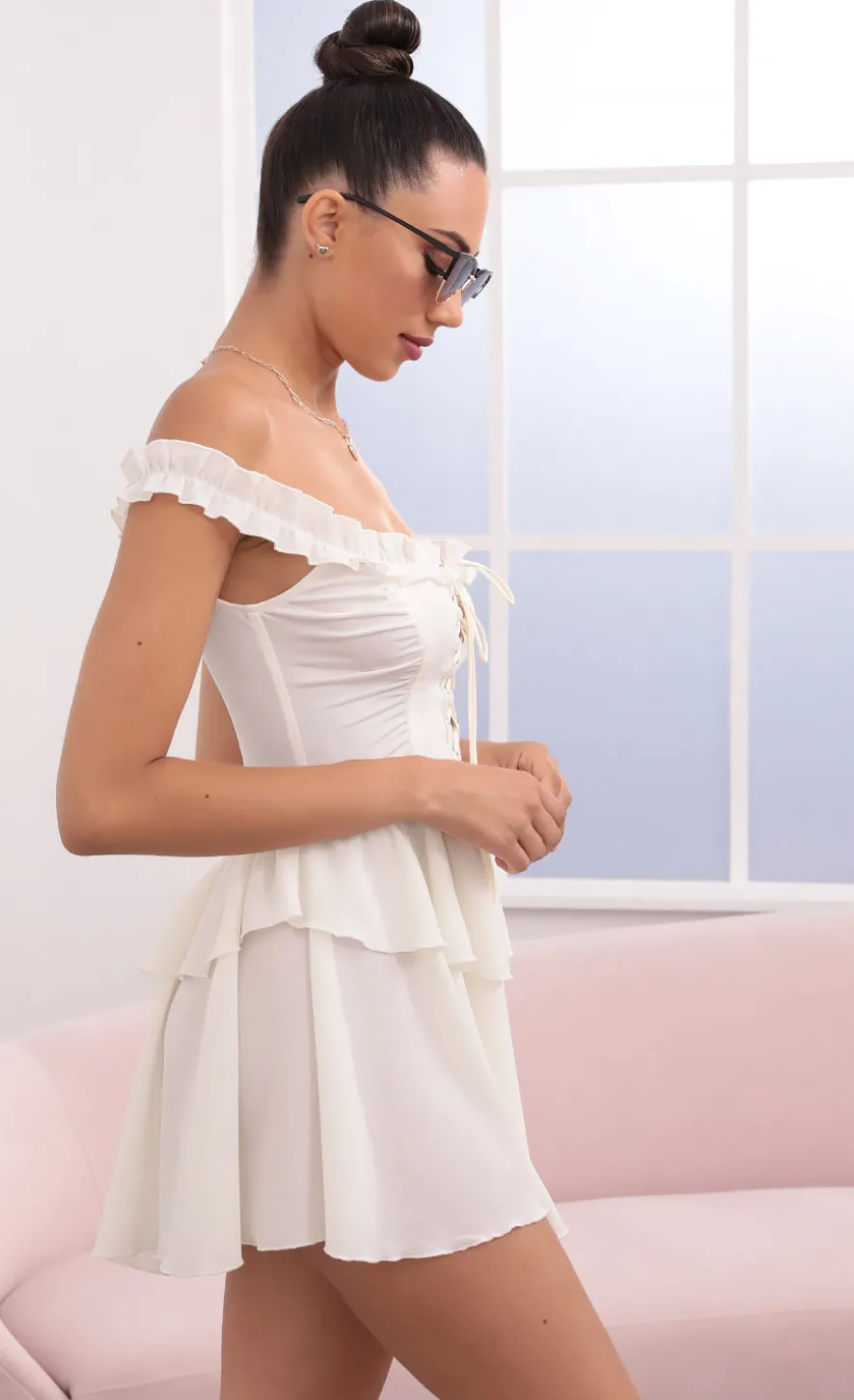 LUCY IN THE SKY Mini Dresses^Off The Shoulder Lace Up Dress In Ivory
