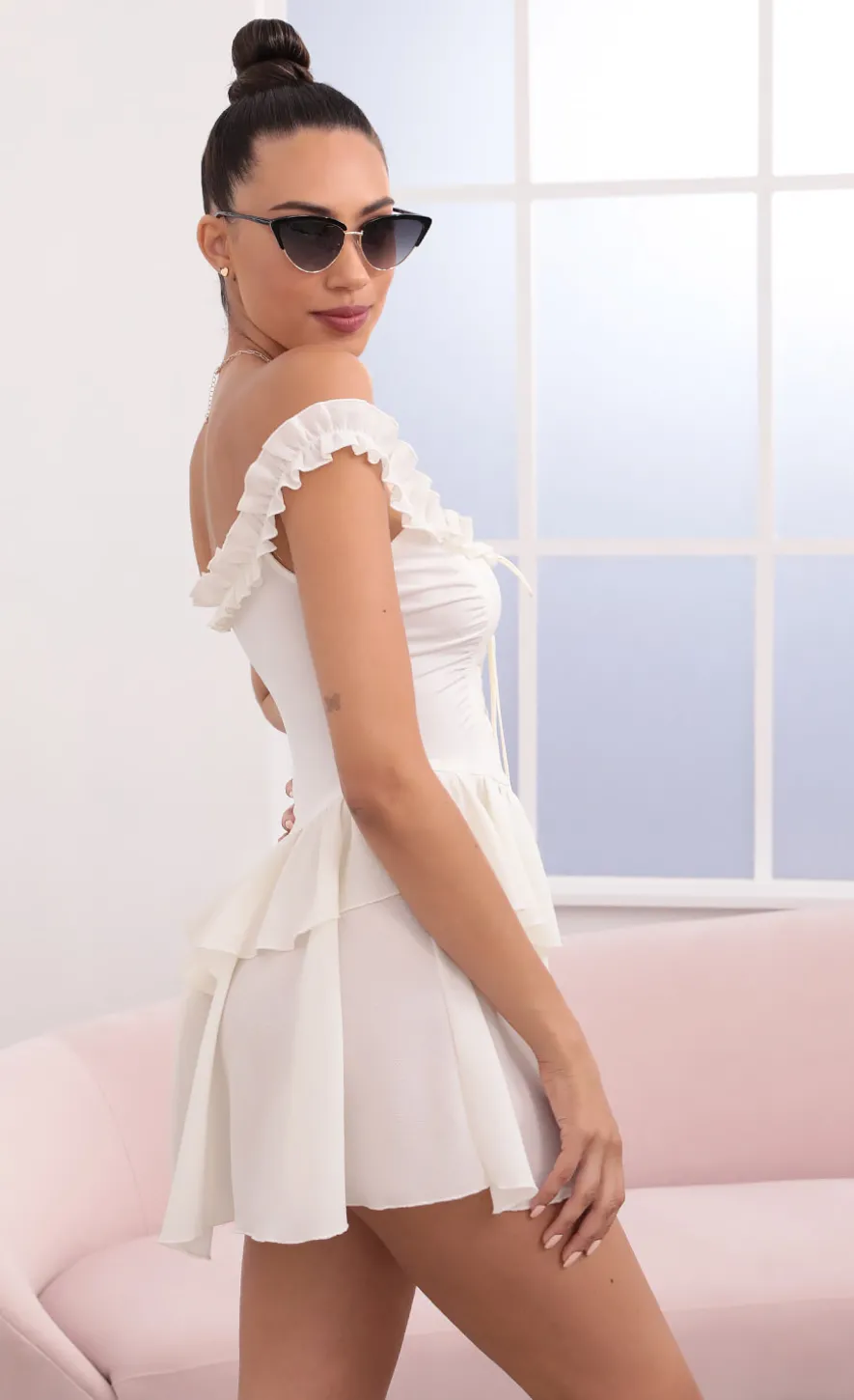 LUCY IN THE SKY Mini Dresses^Off The Shoulder Lace Up Dress In Ivory