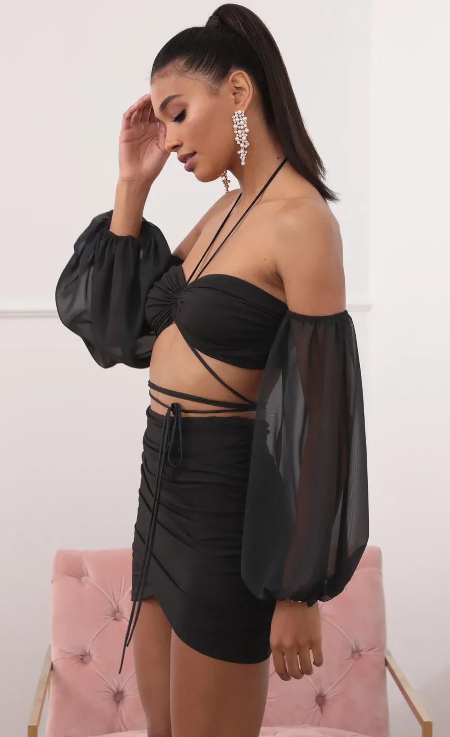 LUCY IN THE SKY Two-Piece Sets^Off-the-Shoulder Two Piece Long Sleeve Set In Black