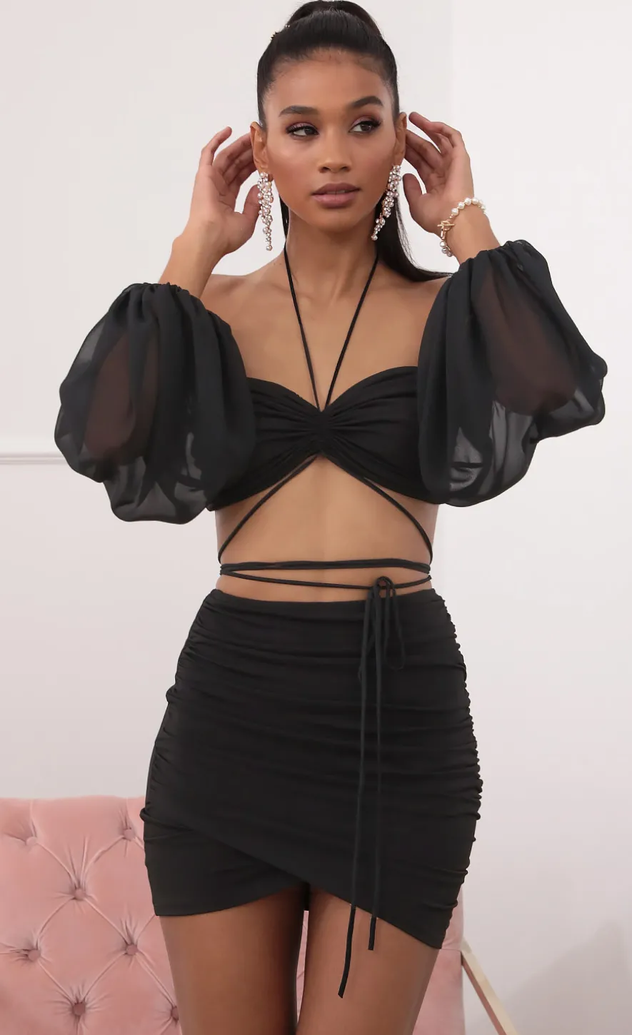 LUCY IN THE SKY Two-Piece Sets^Off-the-Shoulder Two Piece Long Sleeve Set In Black