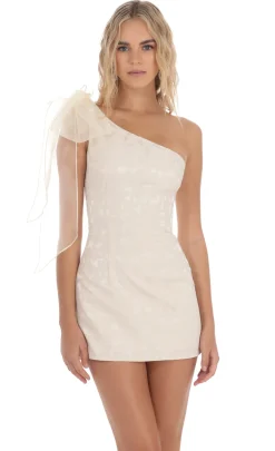 LUCY IN THE SKY Mini Dresses^One Shoulder Jacquard Bow Dress In Cream