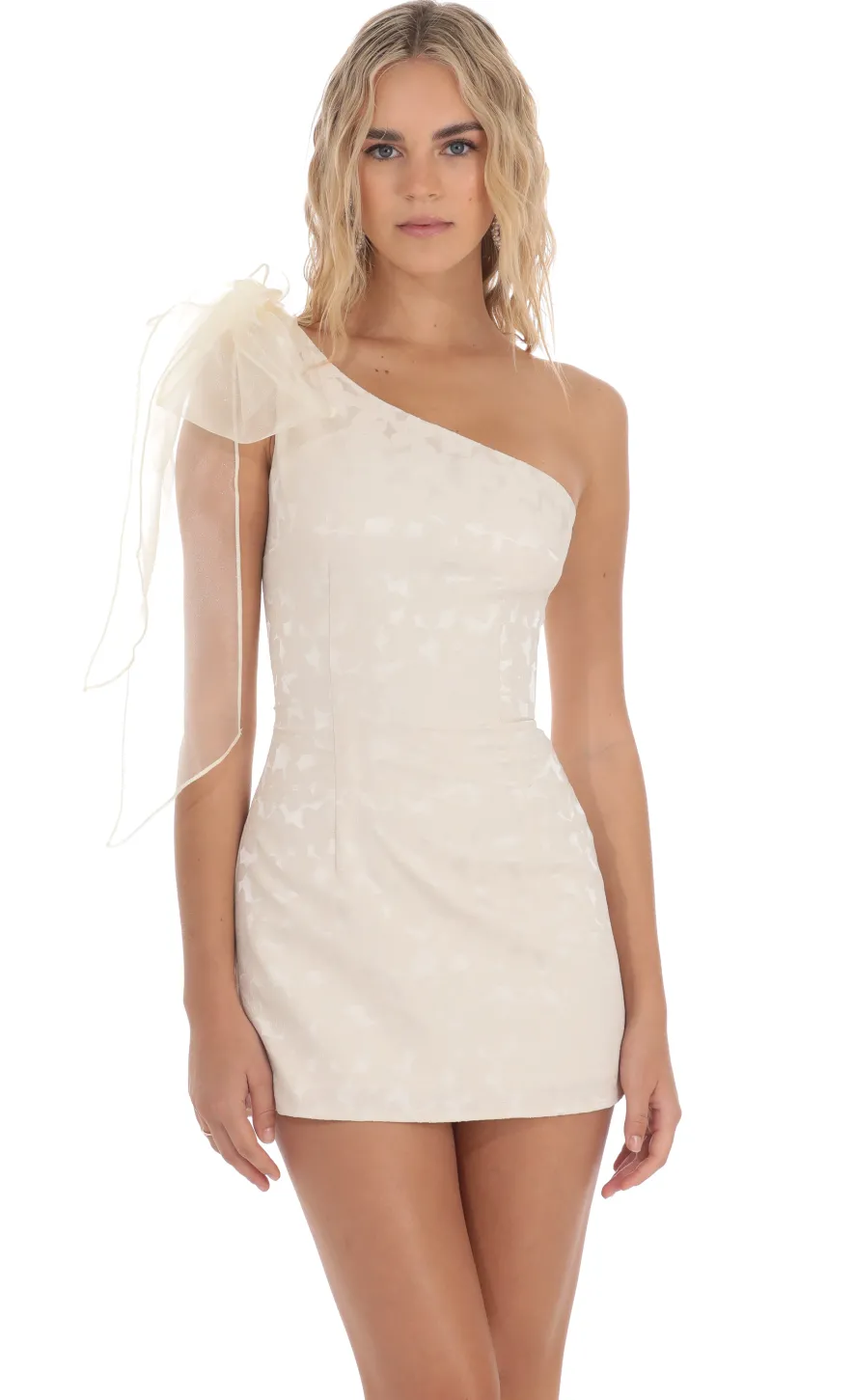 LUCY IN THE SKY Mini Dresses^One Shoulder Jacquard Bow Dress In Cream