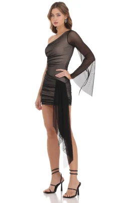 LUCY IN THE SKY Mini Dresses^One Shoulder Mesh Tassel Dress In Black