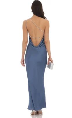 LUCY IN THE SKY Maxi Dresses^One Shoulder Pearl Satin Maxi Dress In Slate Blue