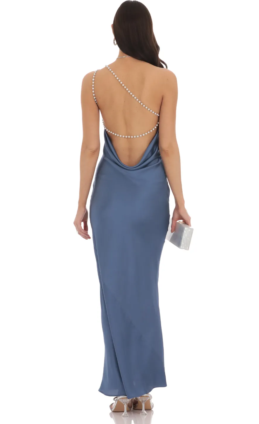 LUCY IN THE SKY Maxi Dresses^One Shoulder Pearl Satin Maxi Dress In Slate Blue