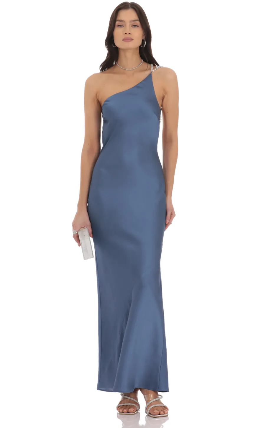 LUCY IN THE SKY Maxi Dresses^One Shoulder Pearl Satin Maxi Dress In Slate Blue