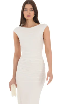 LUCY IN THE SKY Midi Dresses^Open Back Ruched Midi Dress In White