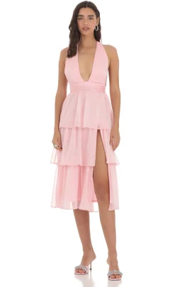 LUCY IN THE SKY Maxi Dresses^Open Back Ruffle Midi Dress In Pink