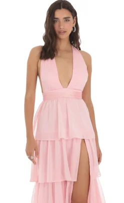 LUCY IN THE SKY Maxi Dresses^Open Back Ruffle Midi Dress In Pink
