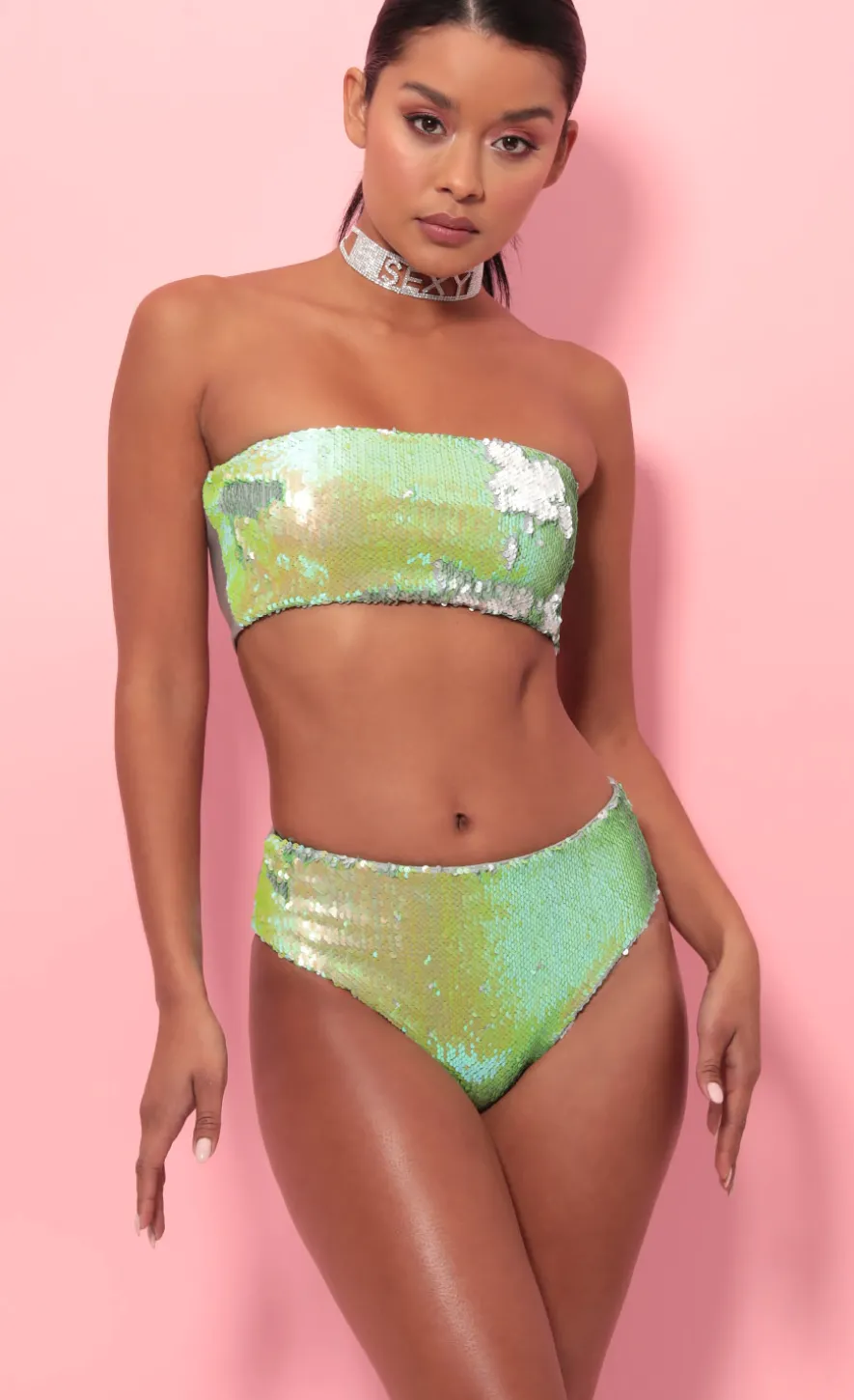 LUCY IN THE SKY Tops|Swimwear^Party Sequin Swim Set In Lime Green