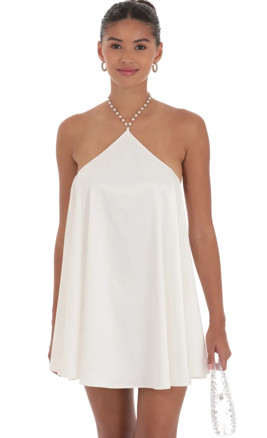 LUCY IN THE SKY Mini Dresses^Pearl Halter Shift Dress In White