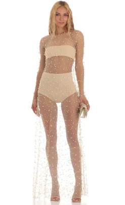 LUCY IN THE SKY Maxi Dresses|Two-Piece Sets^Pearl Mesh Dress In Beige