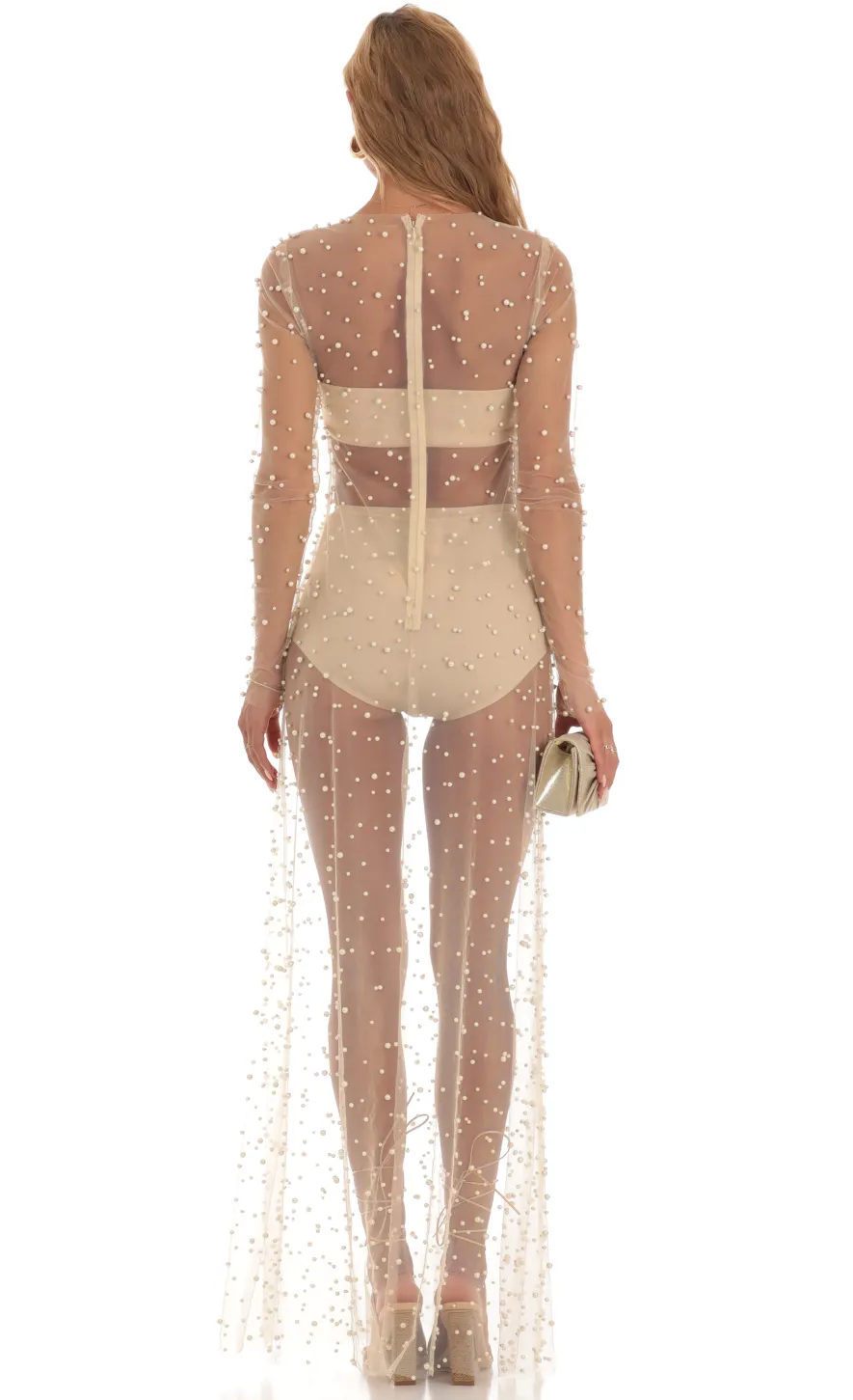 LUCY IN THE SKY Maxi Dresses|Two-Piece Sets^Pearl Mesh Dress In Beige