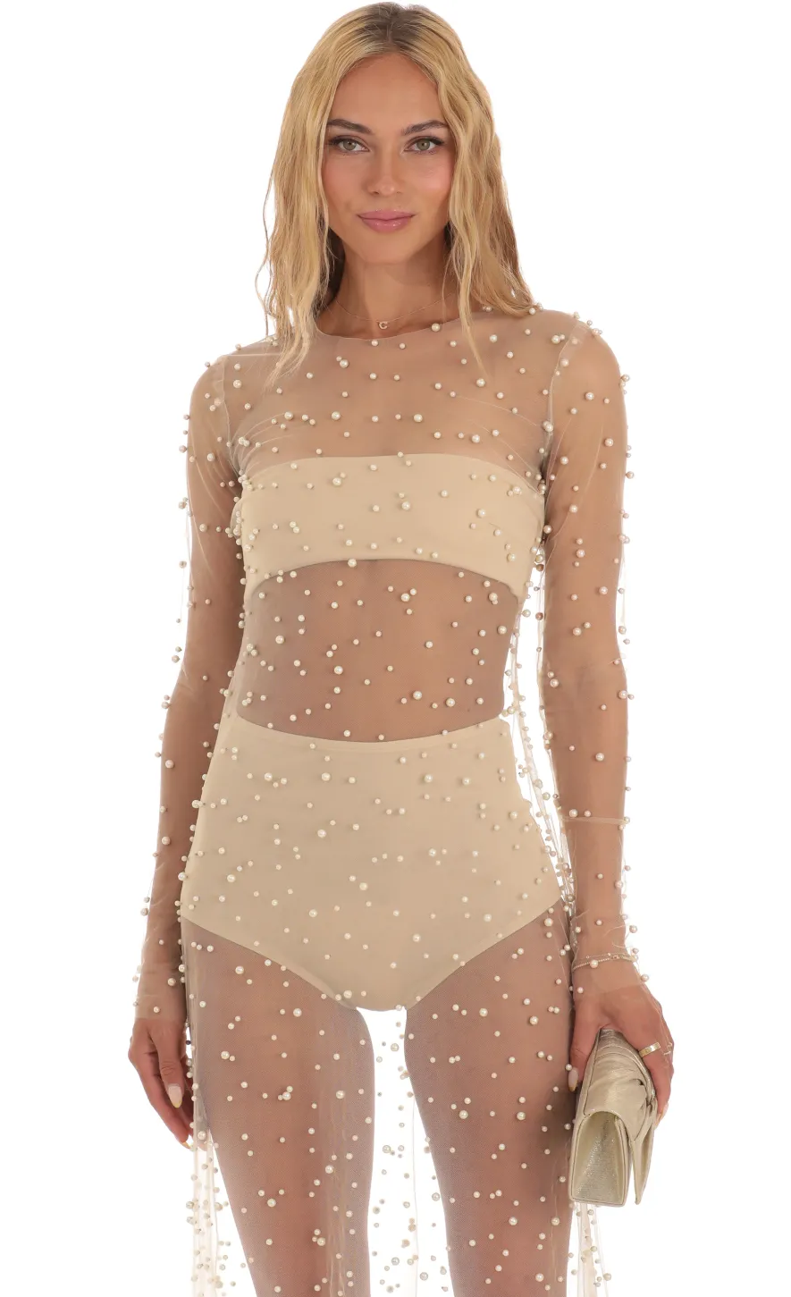 LUCY IN THE SKY Maxi Dresses|Two-Piece Sets^Pearl Mesh Dress In Beige