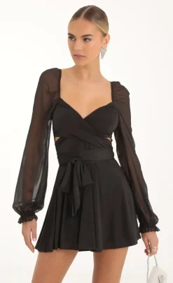 LUCY IN THE SKY Mini Dresses^Puff Chiffon Wrap Dress In Black