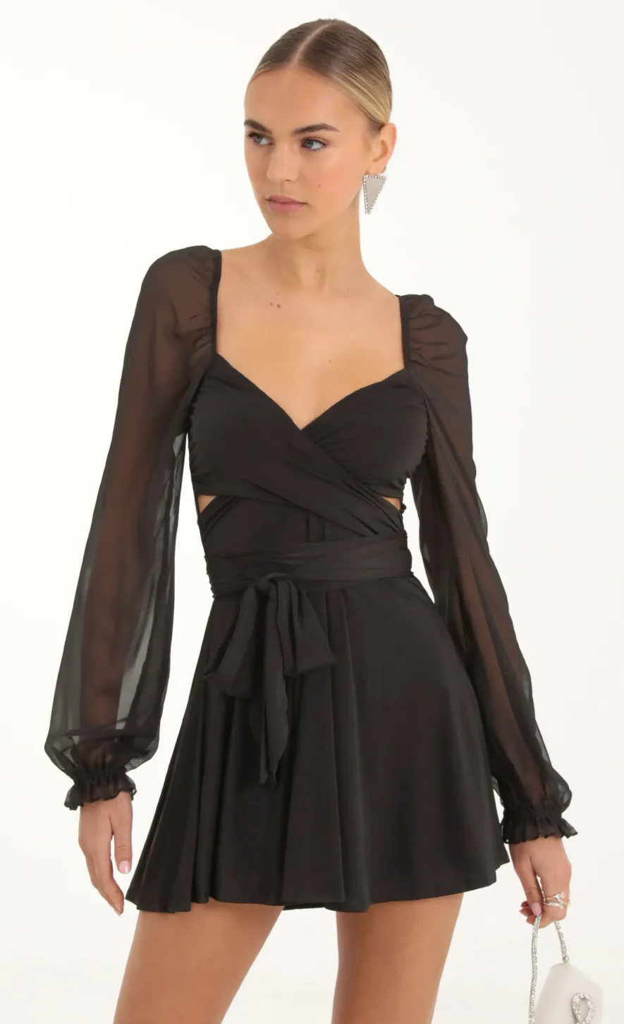 LUCY IN THE SKY Mini Dresses^Puff Chiffon Wrap Dress In Black