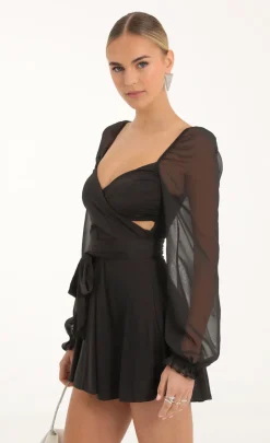 LUCY IN THE SKY Mini Dresses^Puff Chiffon Wrap Dress In Black
