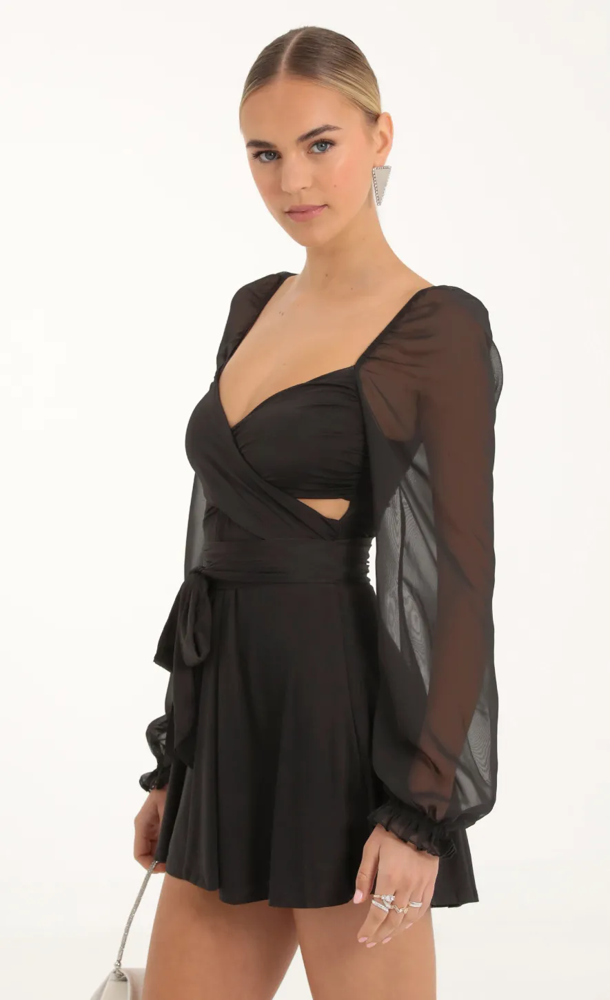 LUCY IN THE SKY Mini Dresses^Puff Chiffon Wrap Dress In Black