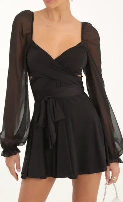 LUCY IN THE SKY Mini Dresses^Puff Chiffon Wrap Dress In Black