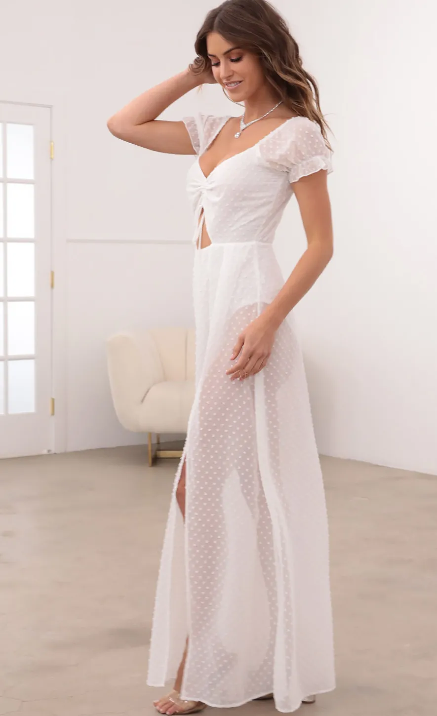 LUCY IN THE SKY Maxi Dresses^Puff Sleeve Chiffon Maxi In White Dots