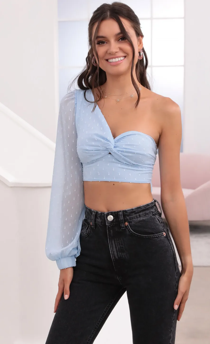 LUCY IN THE SKY Tops^Puff Sleeve Chiffon Top In Baby Blue