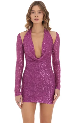 LUCY IN THE SKY Mini Dresses^Reanne Sequin Shoulder Cutout Dress In Purple