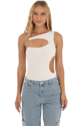 LUCY IN THE SKY Bodysuits^Rhinestone Cutout Bodysuit In White
