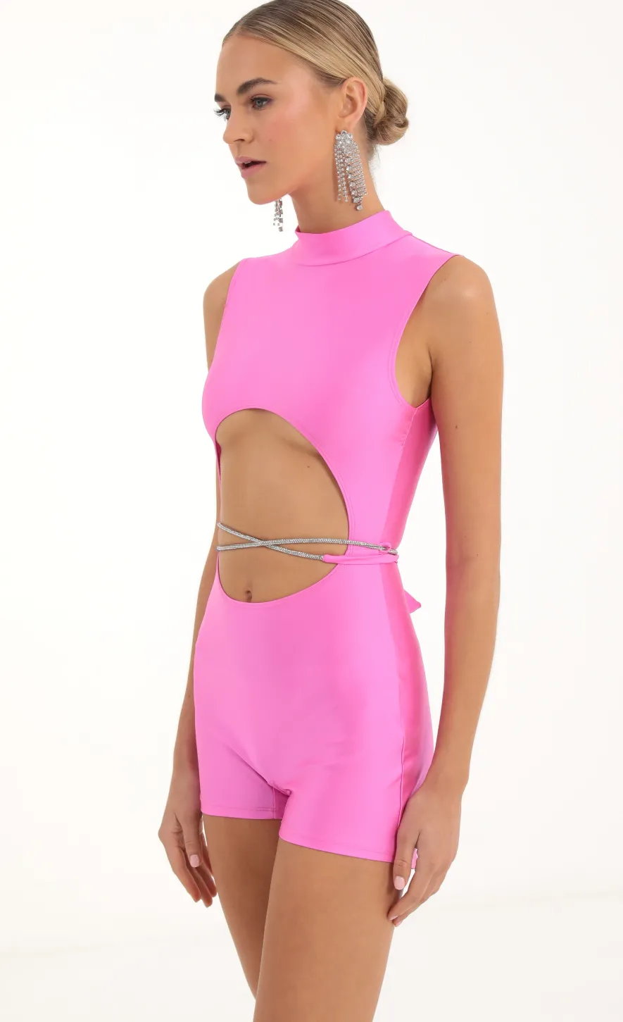 LUCY IN THE SKY Rompers^Rhinestone Cutout Romper In Pink