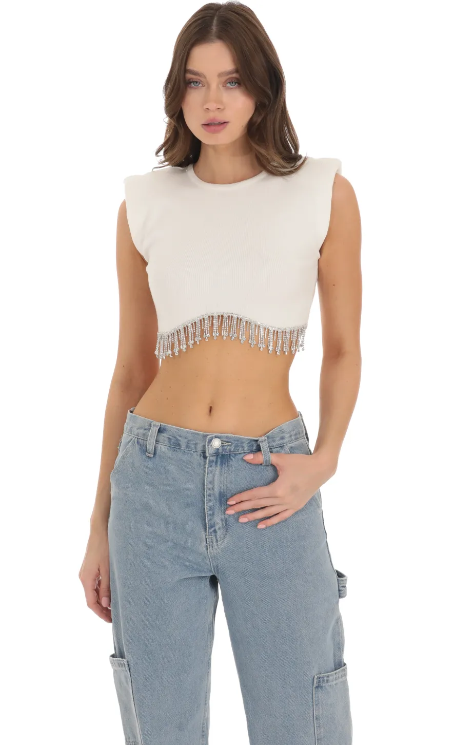 LUCY IN THE SKY Tops^Rhinestone Fringe Knit Top In White