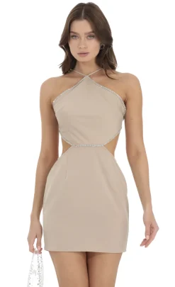 LUCY IN THE SKY Mini Dresses^Rhinestone Halter Cutout Dress In Nude