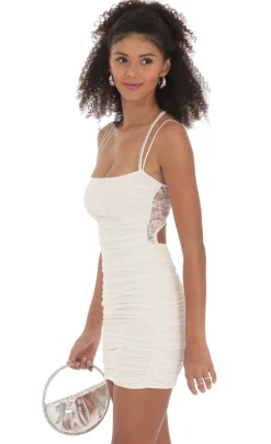 LUCY IN THE SKY Mini Dresses^Rhinestone Lace Ruched Dress In White