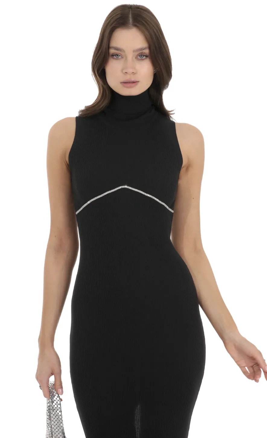 LUCY IN THE SKY Maxi Dresses^Rhinestone Ribbed Turtleneck Dress In Black