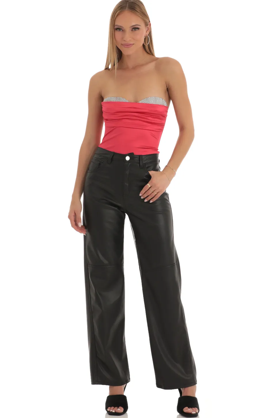 LUCY IN THE SKY Bodysuits^Rhinestone Satin Bodysuit In Red