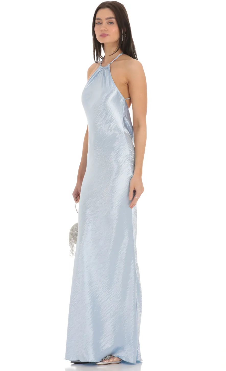 LUCY IN THE SKY Maxi Dresses^Rhinestone Satin Open Back Maxi Dress In Blue