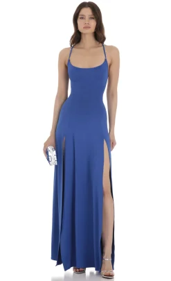 LUCY IN THE SKY Maxi Dresses^Rhinestone Slit Maxi Dress In Blue