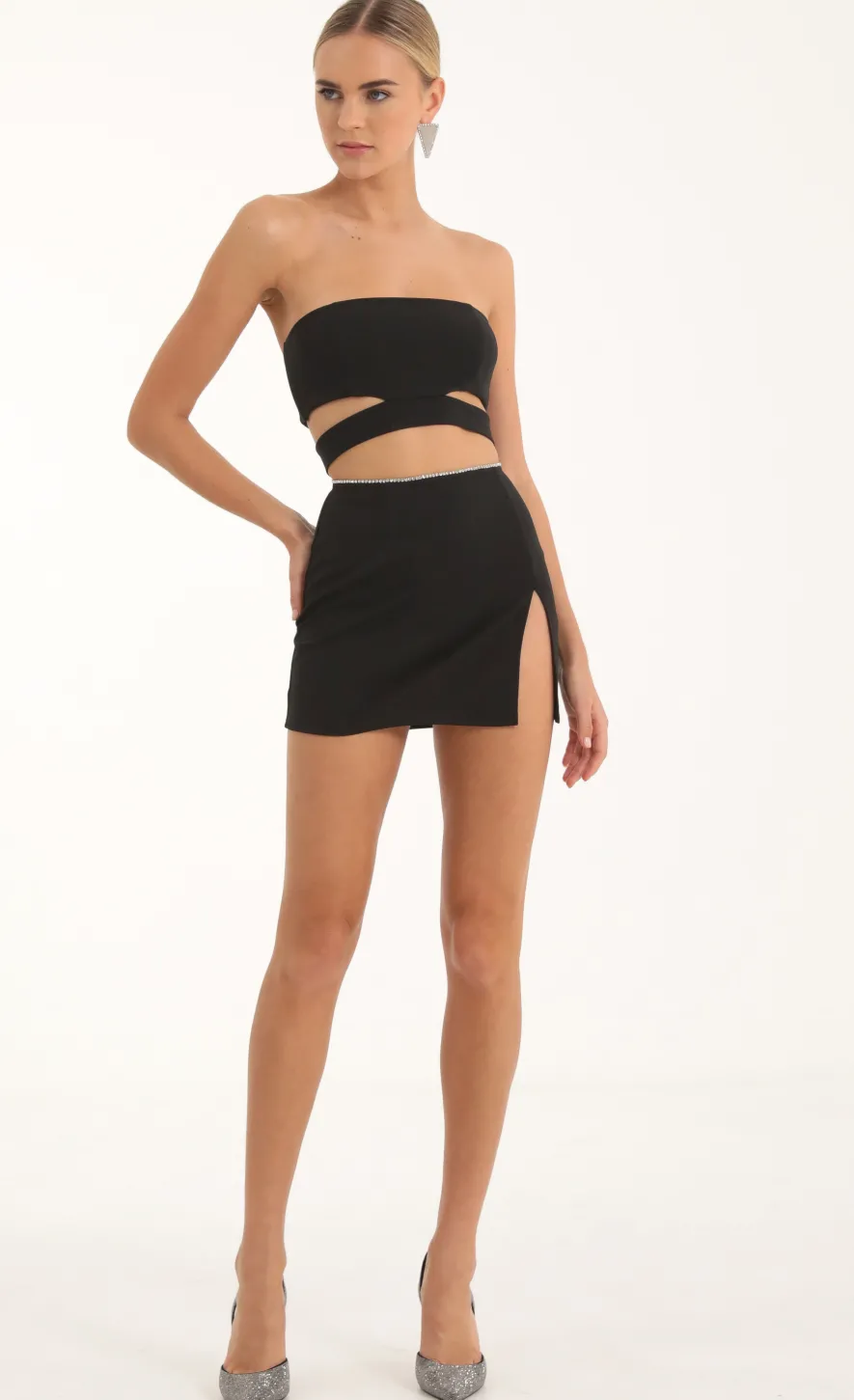 LUCY IN THE SKY Two-Piece Sets^Rhinestone Two Piece Skirt Set In Black