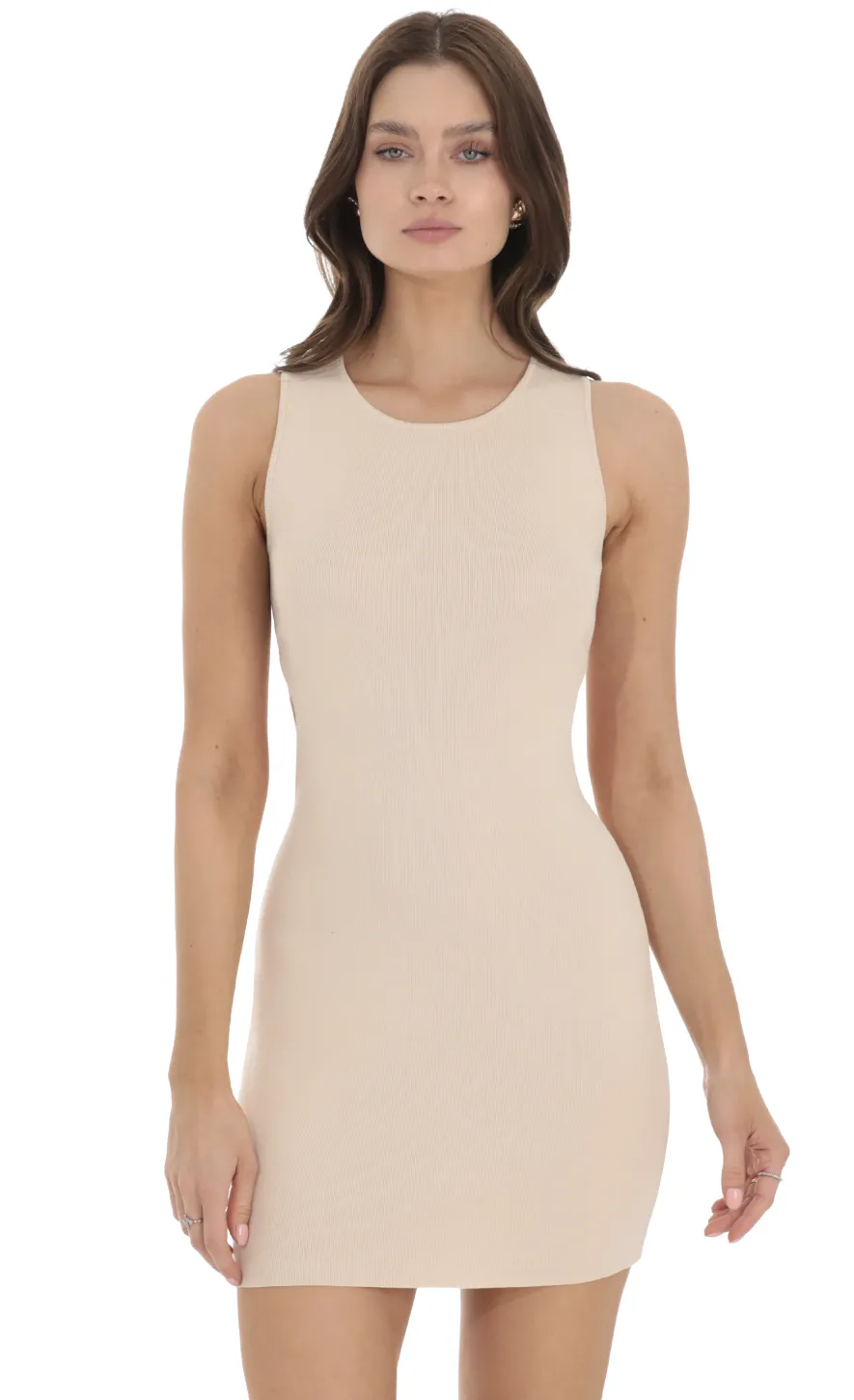 LUCY IN THE SKY Mini Dresses^Ribbed High Neck Dress In Beige