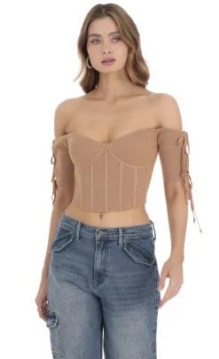 LUCY IN THE SKY Tops^Ribbed Off Shoulder Corset Top In Brown