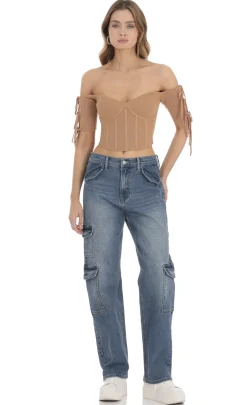 LUCY IN THE SKY Tops^Ribbed Off Shoulder Corset Top In Brown