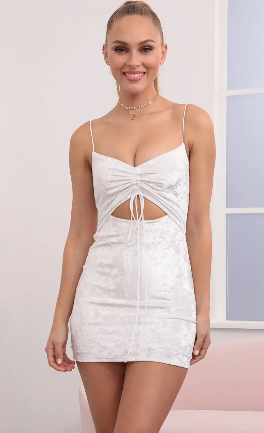 LUCY IN THE SKY Mini Dresses^Ruched Front Dress In White Velvet