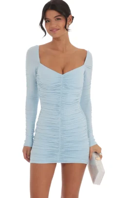 LUCY IN THE SKY Mini Dresses^Ruched Long Sleeve Bodycon Dress In Light Blue